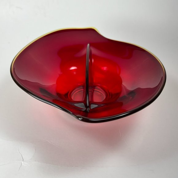 Vintage Viking Glass Divided Relish Trinket Candy Dish Ruby Red Amberina Rim - Picture 4 of 11